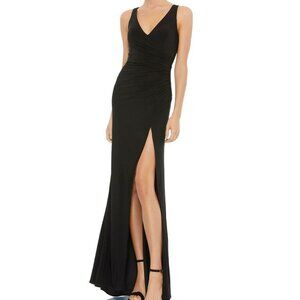 Ieena For Mac Duggal Black Ruched V-Neck Jersey Gown